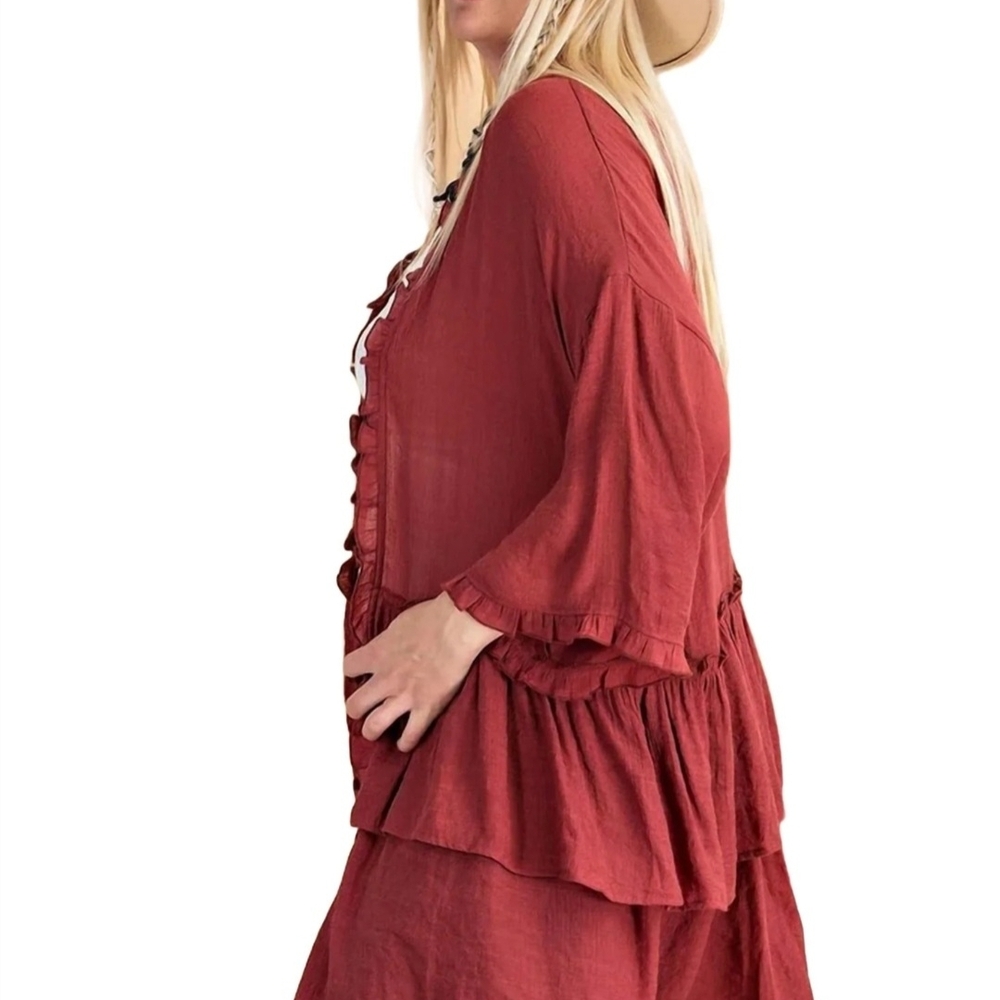 Easel - Brick Red Light Semi Sheer Ruffle Cardigan